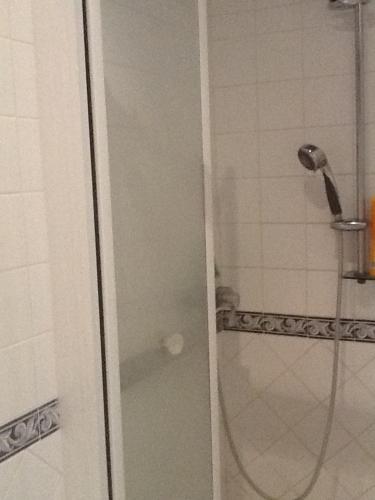 a shower with a glass door in a bathroom at une fermette climatisée en pleine nature in Moirax