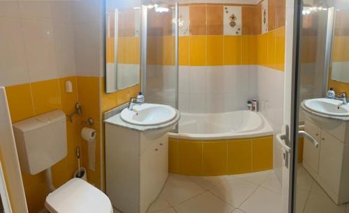 La salle de bains est pourvue de toilettes, d'un lavabo et d'une douche. dans l'établissement Ultracentral apartament -Mihaela, à Arad