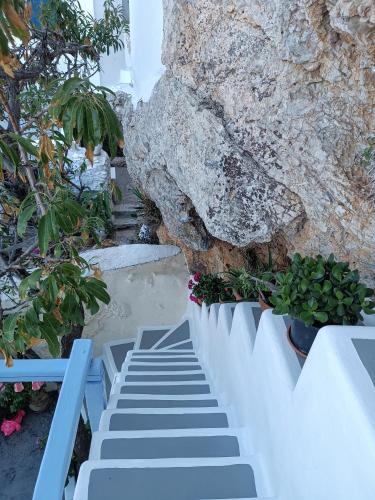 a stairway in front of a stone wall with plants at Villa Nina, dreamy little cycladic home in Amorgos in Órmos Aiyialís