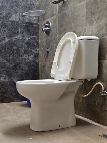 a toilet with the seat up in a bathroom at Farmhouse with Pool - Kalavady Farmstay in Baindūru
