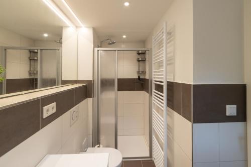 a bathroom with a toilet and a glass shower at Neue zentrale Souterrain-Wohnung 24h Self Check-In in Hamburg