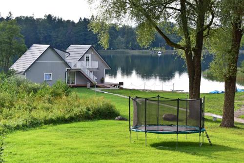 a golf basket sitting in the grass next to a lake at Namelis ant vandens "Giliaus namelis" in Tytuvėnai