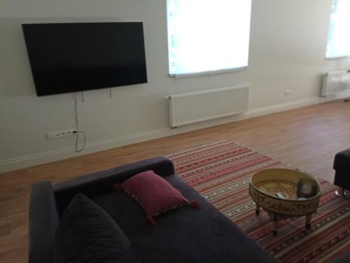 a living room with a couch and a flat screen tv at The Cherriehouse in Gingelom