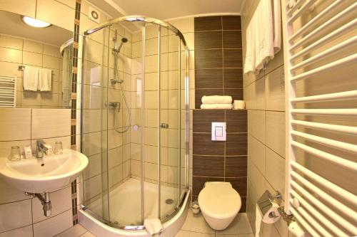 a bathroom with a shower and a toilet and a sink at Hotel Zacisze in Turawa