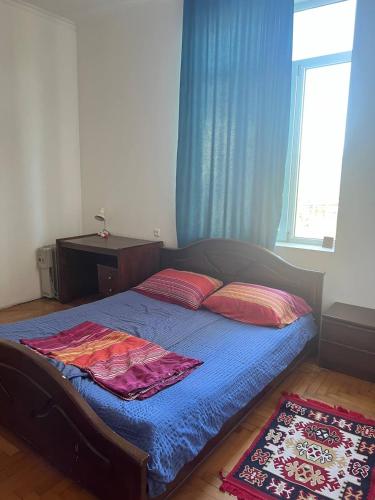 Gardenhouse Martin في زوغديدي: سرير في غرفة نوم وستارة زرقاء ونافذة