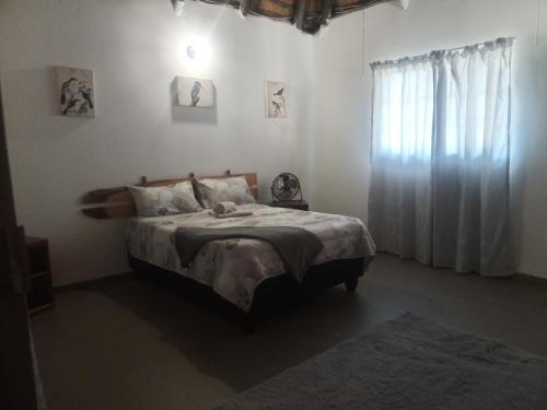 a bedroom with a large bed and a window at Mpora River Lodge in Rundu