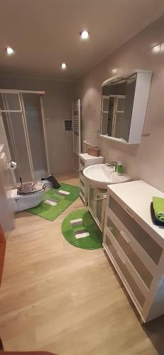 a bathroom with a sink and a mirror at Eckert Ferienhaus Eslarn in Eslarn