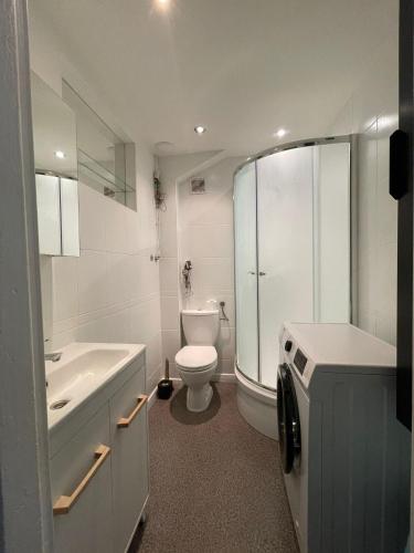 a bathroom with a toilet a sink and a shower at Apartament na Piaskach in Ostrowiec Świętokrzyski