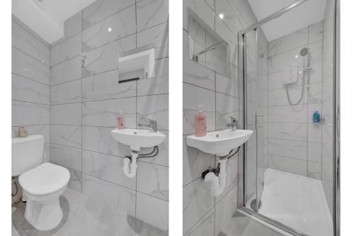 two pictures of a bathroom with a toilet and a sink at Lovely 1-Bed Studio in West Drayton in West Drayton