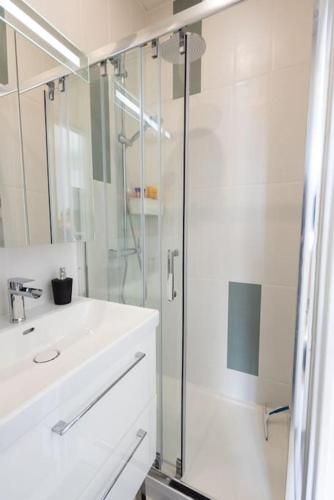 une salle de bain blanche avec une douche et un lavabo dans l'établissement Appartement 450 m gare RER C, à Orly