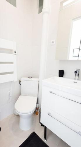 une salle de bain blanche avec des toilettes et un lavabo dans l'établissement Appartement 450 m gare RER C, à Orly