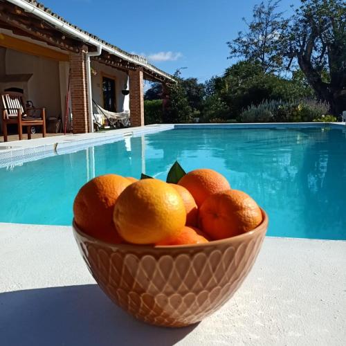 a bowl of oranges sitting next to a swimming pool at La Quinta casa com piscina privada in Loulé
