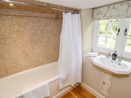 uma casa de banho com um lavatório e uma cortina de chuveiro em Grange Cottage em Woodchester