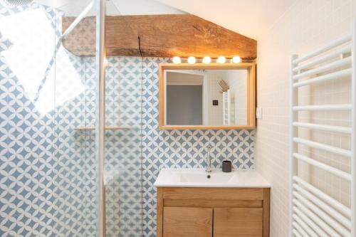 een badkamer met een wastafel en een spiegel bij Gîte des Pilliers in Belleville-sur-Saône