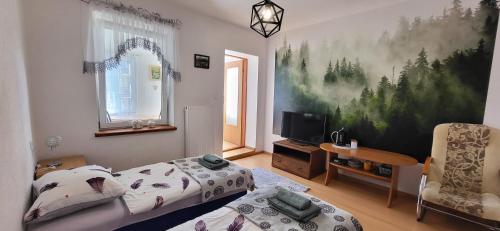 1 dormitorio con 2 camas, TV y silla en Pokoje Gościnne u Zosi, en Karpacz