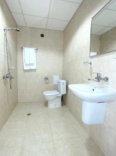 a bathroom with a sink and a toilet and a mirror at Hemus Hotel - Vratza in Vratsa