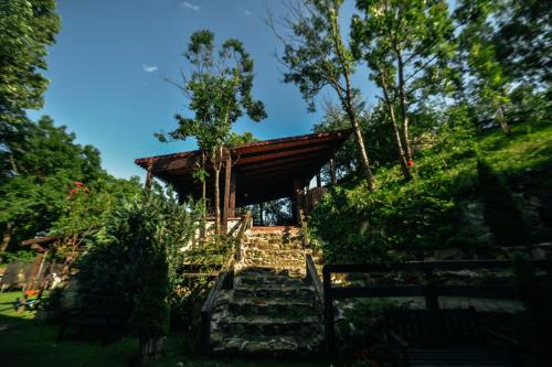 a small building with stairs leading up to it at Pensiunea Casa Dacilor in Podeni