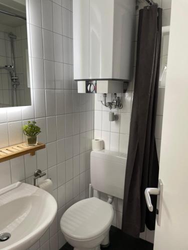 a small bathroom with a toilet and a sink at Juna in Laboe