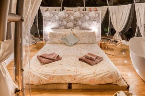a bed with two pillows on it in a room at Il Cantico Bubble Room Home Restaurant in San Giacomo