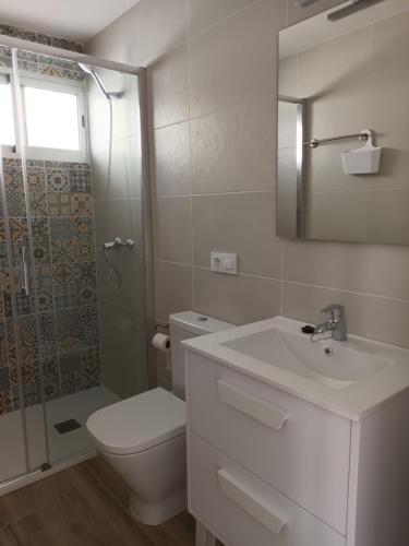 ein Bad mit einem WC, einem Waschbecken und einer Dusche in der Unterkunft Apartamento de Marta in Miramar
