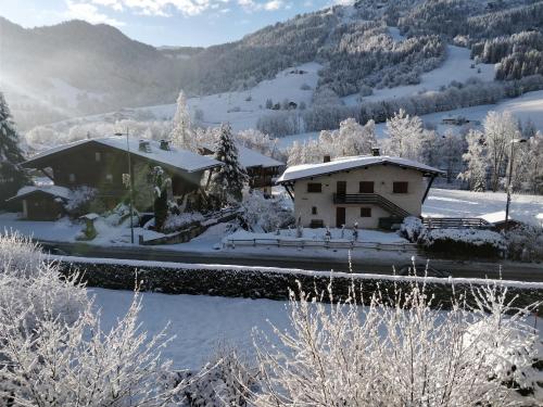 une maison dans les montagnes recouvertes de neige dans l'établissement Résidence les Olympiades - 9 personnes, à Praz-sur-Arly