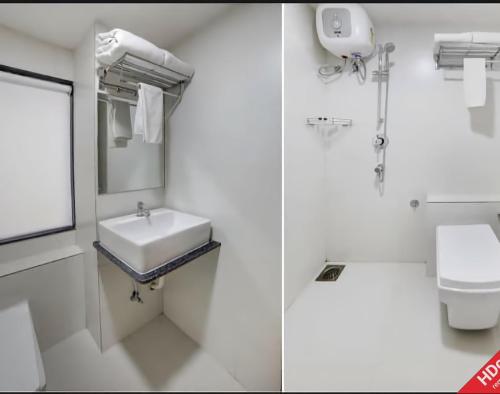 - deux photos d'une salle de bains avec lavabo et toilettes dans l'établissement Leo Hotel, à Ahmedabad