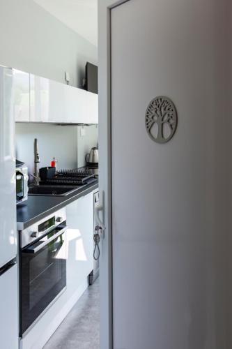 une cuisine avec des armoires blanches et une cuisinière dans l'établissement LA BATISSE l'arbre gris, à Le Grand-Abergement