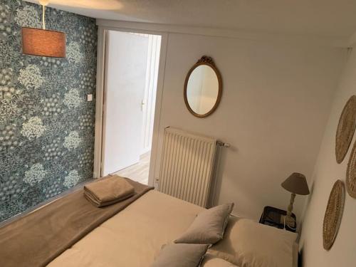 - une chambre avec un lit avec un miroir et une fenêtre dans l'établissement Le gîte des Tourterelles, à Belleville-sur-Saône