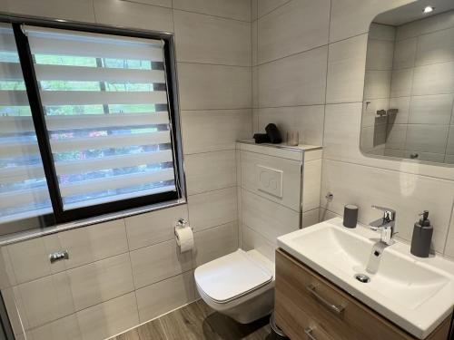 een badkamer met een toilet, een wastafel en een raam bij Appart Herzglück in Bad Rippoldsau-Schapbach