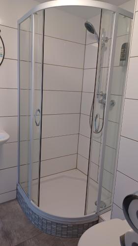 a shower with a glass enclosure in a bathroom at Triple Twenty in Eschweiler