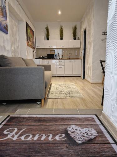 a living room with a couch and a kitchen at Apartament Alibi in Przemyśl