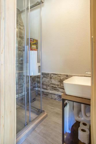 a bathroom with a glass shower and a sink at Mountain Houses Emilija in Žabljak