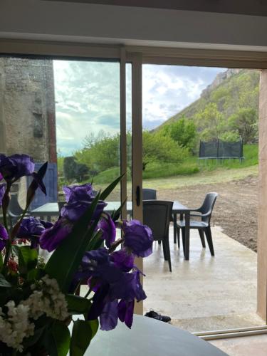 un vase de fleurs violettes assis devant une fenêtre dans l'établissement Gîte du Vallon des Sources, à Millau