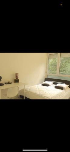 a bedroom with a bed and a desk and a window at se: 13A rue des Touleuses Pourpre in Cergy