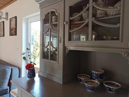 a kitchen with a cabinet with dishes in it at Bajkowy Domek nad rzeką Liwiec in Łochów