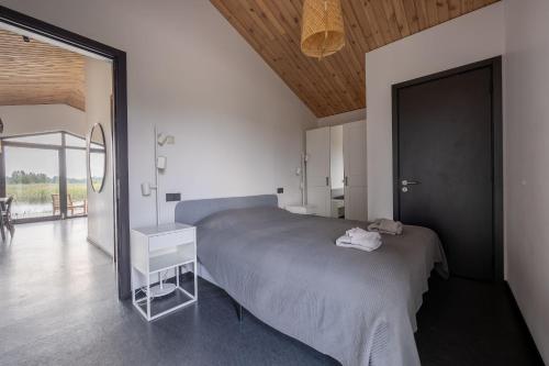 a bedroom with a large bed and a mirror at Lielpīles in Radziņciems