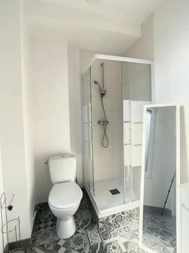 une salle de bain blanche avec toilettes et douche dans l'établissement Stud confort centre ville 4pers, à Saint-Quentin