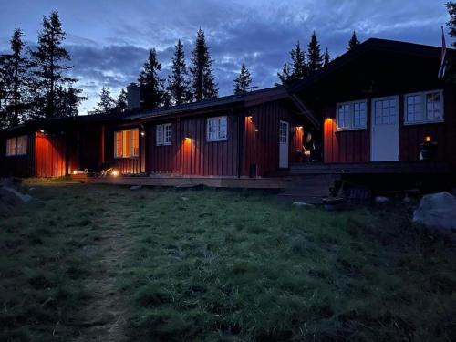 ein Haus mit seitlicher Beleuchtung in der Nacht in der Unterkunft Buhaug - cabin at Sjusjøen in Ringsaker