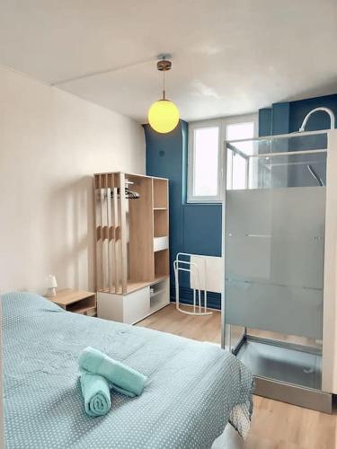 um quarto com uma cama e uma cabina de duche em vidro em Stud' extra Cosy 2 pers gare wifi em Saint-Quentin