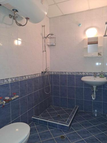 Un baño con ducha, inodoro y lavabo. en АПАРТАМЕНТ Амира 2, en Balchik