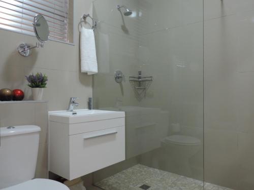 ein Bad mit einem WC, einem Waschbecken und einer Dusche in der Unterkunft Vredenburg Boutique Lodge in Vredenburg