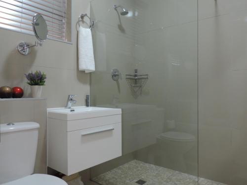a bathroom with a toilet and a sink and a shower at Vredenburg Boutique Lodge in Vredenburg