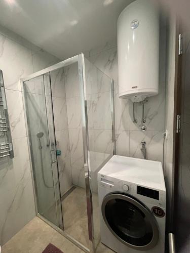 a washing machine in a bathroom with a shower at Theos apartman Titova vila in Zlatibor