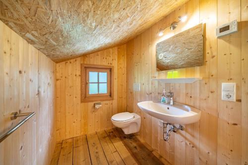 a bathroom with a sink and a toilet at Ferienhaus Engele in San Martino