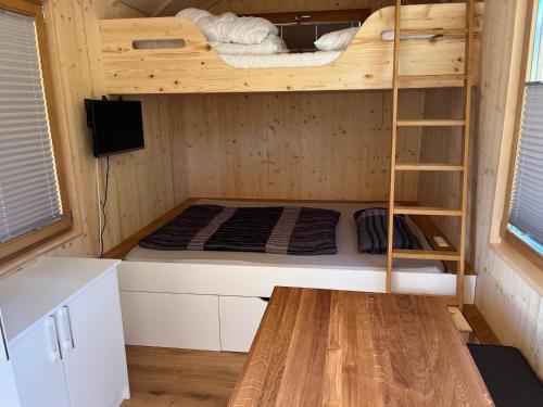 a bunk bed in a tiny house with a ladder at Tiny Haus - Himmelreich 