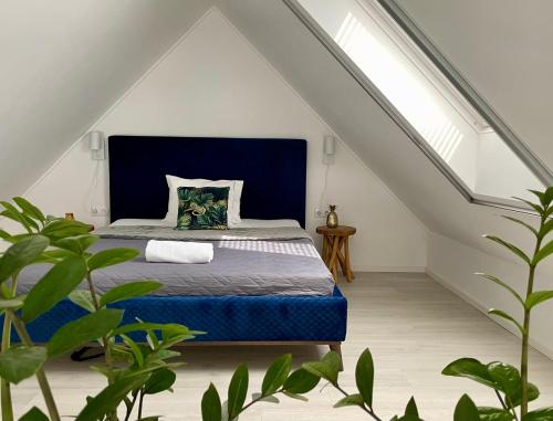 a bedroom with a bed with a blue headboard at P19 Boutique Villa Badacsony in Badacsonytomaj