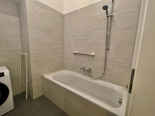 a bathroom with a tub and a shower at 75 m2 Stylish Apartment with Free Parking in Vienna