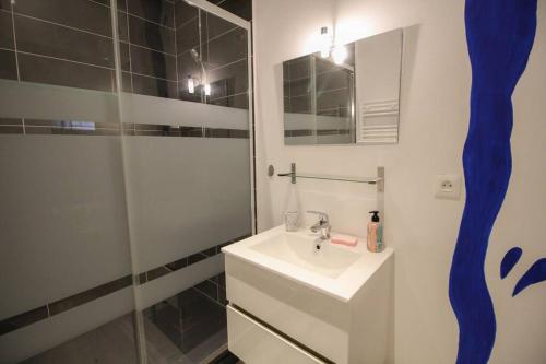 une salle de bain blanche avec un lavabo et une douche dans l'établissement la BD : joli T2 rénové /Wi-fi/centre-ville, à Angoulême