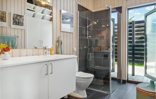 uma casa de banho com um WC e uma cabina de duche em vidro. em 3 Bedroom Amazing Home In Holbk em Holbæk