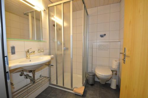 a bathroom with a sink and a toilet and a shower at Ferien- und Familienhotel Alpina Adelboden in Adelboden